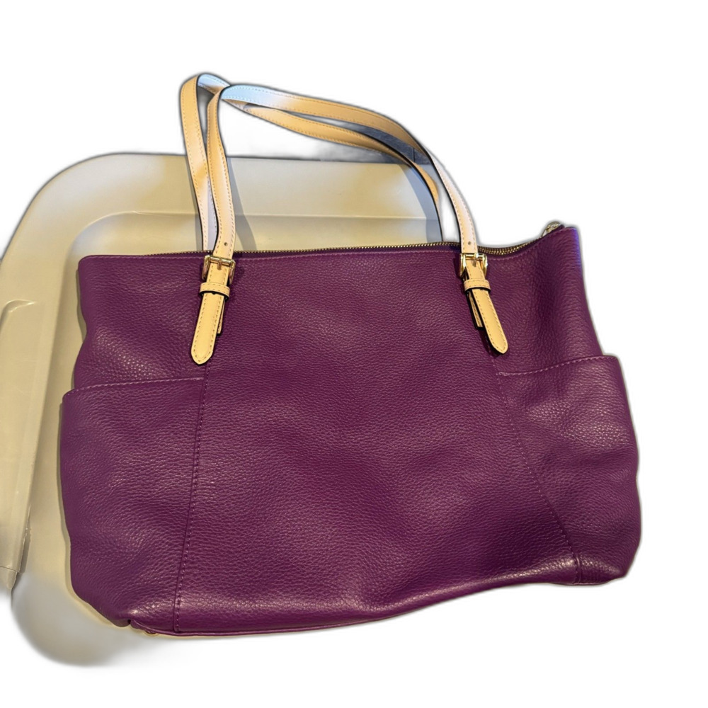 Michael Kors Tote Pebbled Leather Purple Shoulder Bag Ivory Straps Large 16x11